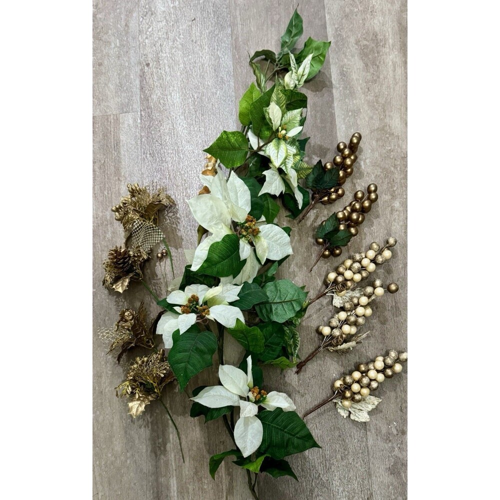 10-Pc Christmas Floral & Decor Lot: White Poinsettia Garland & Gold Berry / Cher